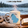 White mug with Ossipee Lake New Hampshire map, steaming, on a cozy table.