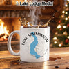 White mug with Lake Sammamish Washington design and compass.