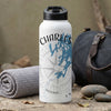 White water bottle with "CHARLES" and a compass rose with blue lake outline design.