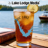 Glass of iced tea with "Staic Lake" map graphic and compass rose.