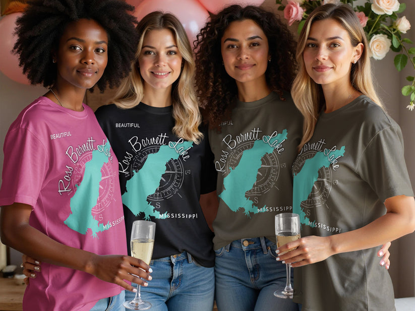Four women in t-shirts with "Ross Barnett Lake Mississippi" compass design.