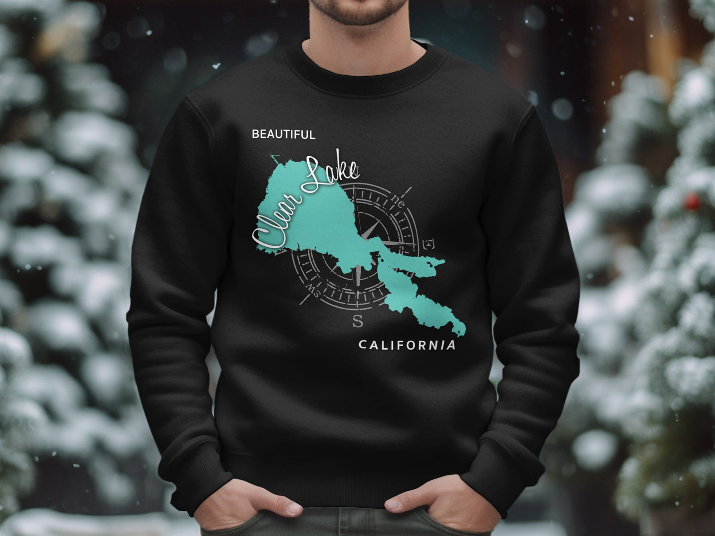 Black sweatshirt with a teal map of Clear Lake, California and compass design.