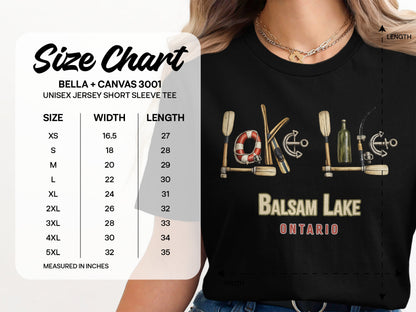 Unisex t-shirt size chart with BALSAM LAKE ONTARIO graphic.