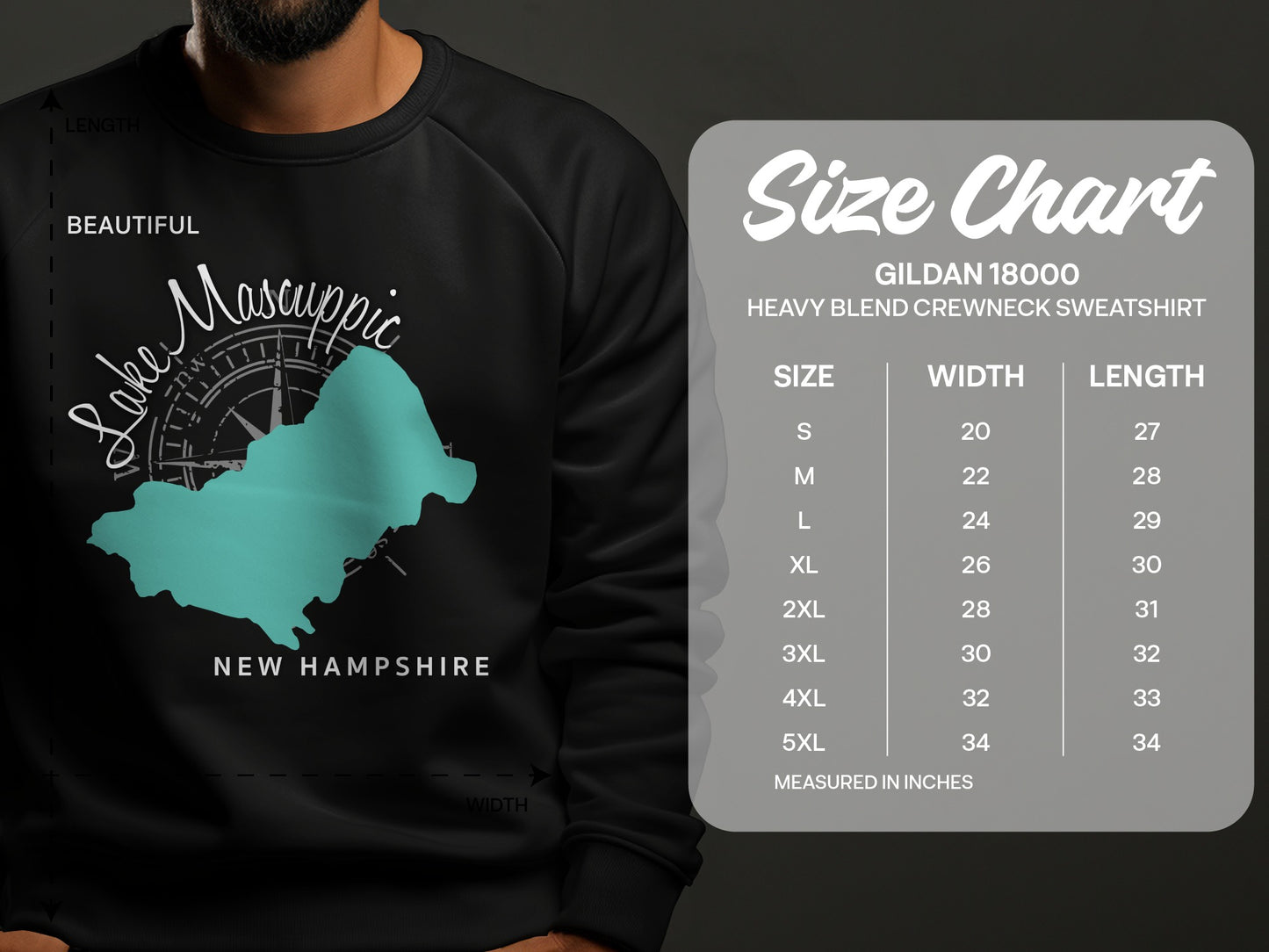 Lake Winnipesaukee map and Gildan 18000 sweatshirt size chart.