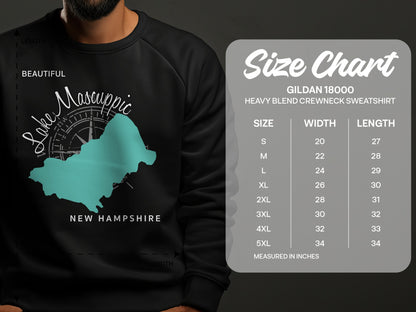 Lake Winnipesaukee map and Gildan 18000 sweatshirt size chart.