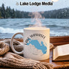 White mug with Lake Wawasee Indiana map and compass design.