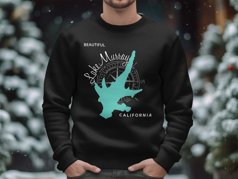 Black sweatshirt featuring a light blue map of Lake Murray, California and compass design.