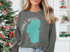 Dark grey sweatshirt with a teal Lake Tahoe map and compass graphic.
