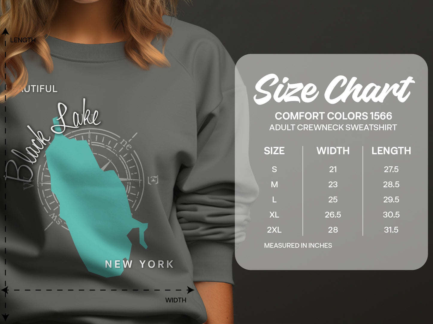 Crewneck sweatshirt size chart with measurements for Black Lake, New York.