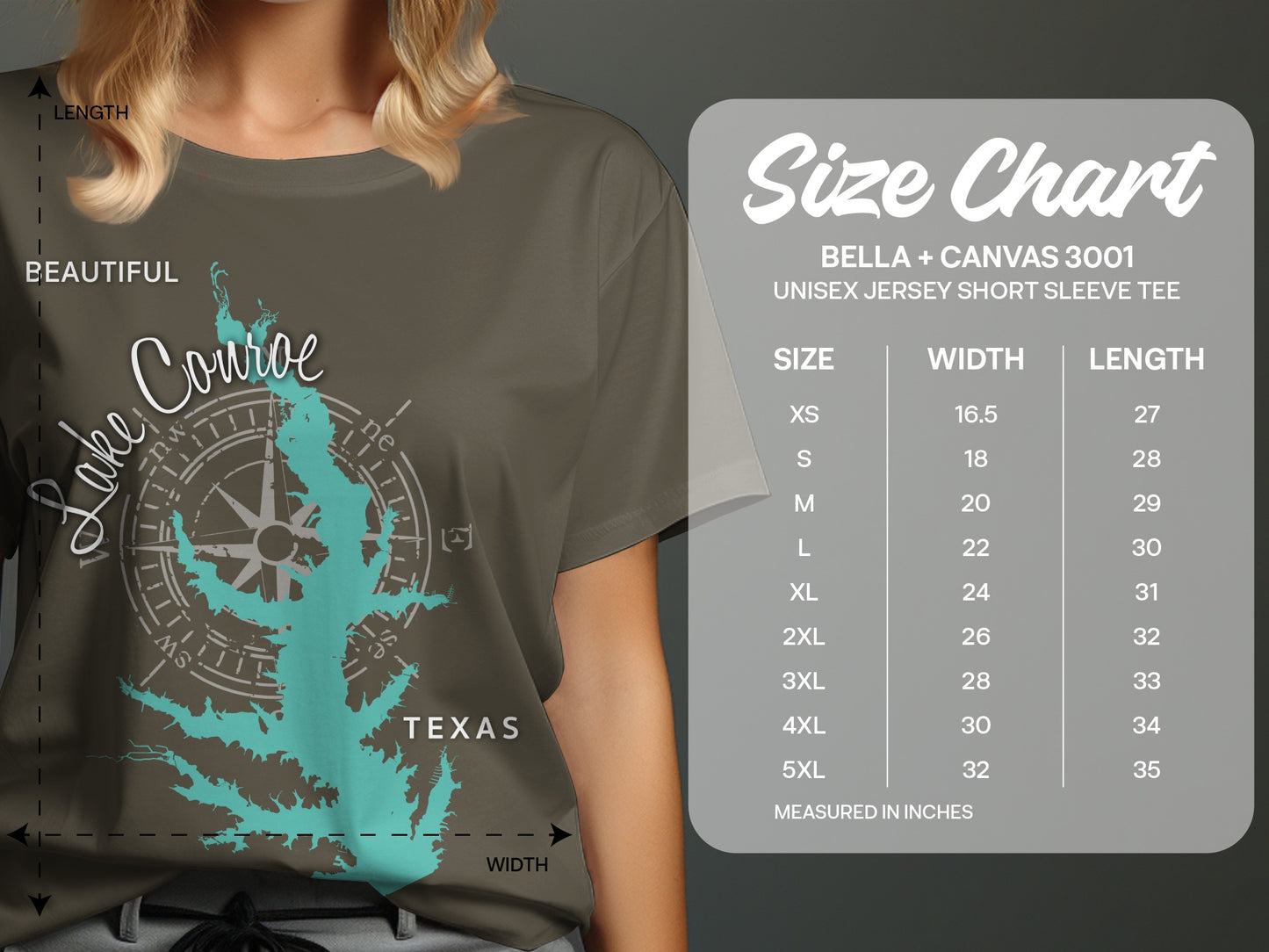 Lake Conroe, Texas graphic t-shirt size chart with measurements.