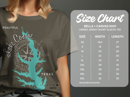 Lake Conroe, Texas graphic t-shirt size chart with measurements.