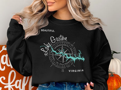 Black sweatshirt with "Lake Gaston Virginia" and compass design.