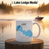 Mug with Pearl Lake, Wisconsin map and compass design, steaming hot.