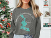 Dark grey crewneck sweatshirt with teal Mooseilookmeguntic Lake map and compass design.