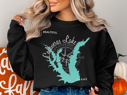 Black sweatshirt with "Calaveras Lake TEXAS" and compass rose graphic.