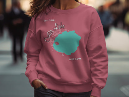 Crater Lake Oregon map graphic on maroon crewneck sweatshirt.