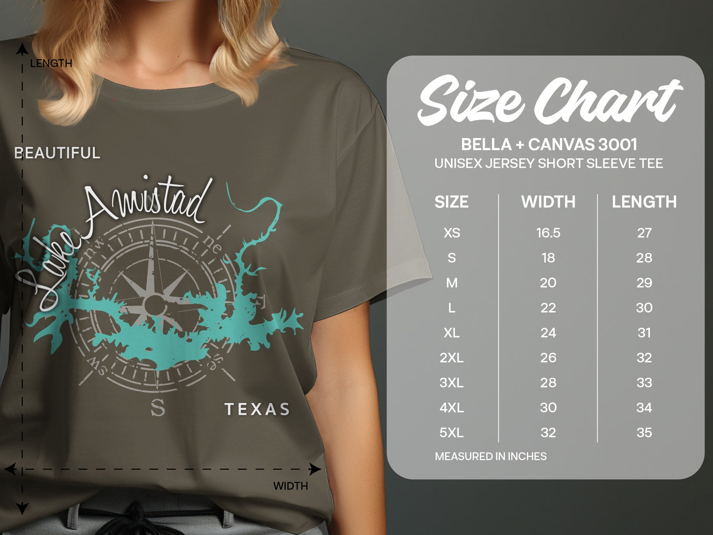 Bella+Canvas unisex t-shirt size chart with Lake Amistad graphic.