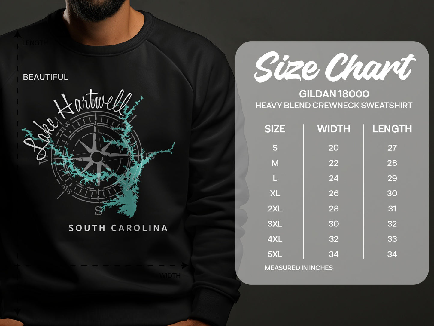 Lake Hartwell map and Gildan sweatshirt size chart.