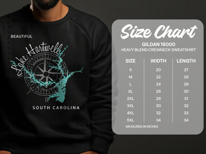 Lake Hartwell map and Gildan sweatshirt size chart.