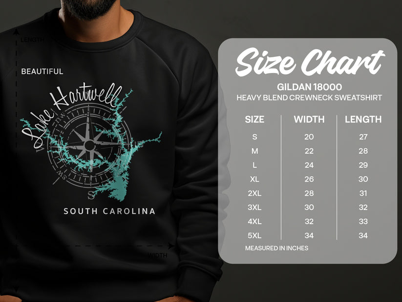 Lake Hartwell map and Gildan sweatshirt size chart.