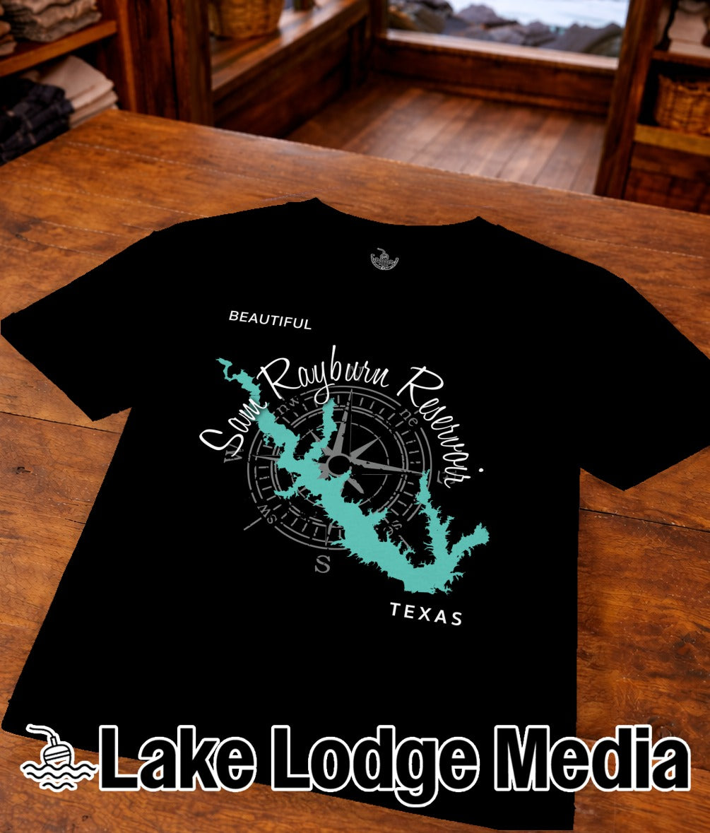 Black t-shirt with "Lake Lodge Media" and a map of Sam Rayburn Reservoir.