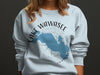Light blue sweatshirt with Lake Wawasee Indiana map and compass design.