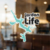Turquoise Jordan Lake outline sticker with text "Jordan Life".