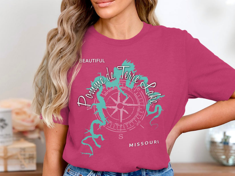 Pink t-shirt with "Pomme de Terre Lake Missouri" and compass rose.