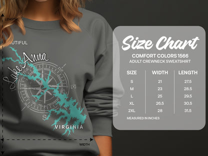 Lake Anna Virginia sweatshirt size chart with measurements.