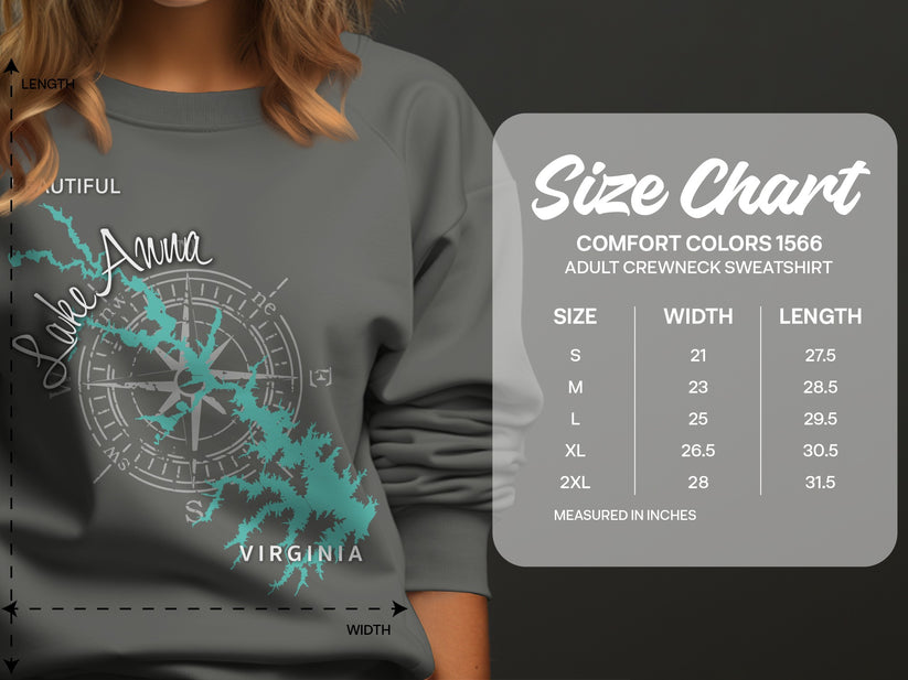 Lake Anna Virginia sweatshirt size chart with measurements.