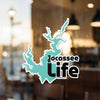 Sticker with outline of Lake Jocassee and text "Jocassee Life".