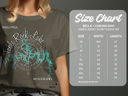 T-shirt with "Beautiful Table Rock Lake Missouri" graphic and size chart.
