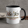 White mug with "Lake Life Manasquan Reservoir New Jersey" text and lake-themed graphics.