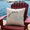Pillow with Lake Travis map and compass design on Adirondack chair.