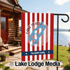 Customizable garden flag featuring Lake Placid map, red and white stripes, and "The Smith Family."
