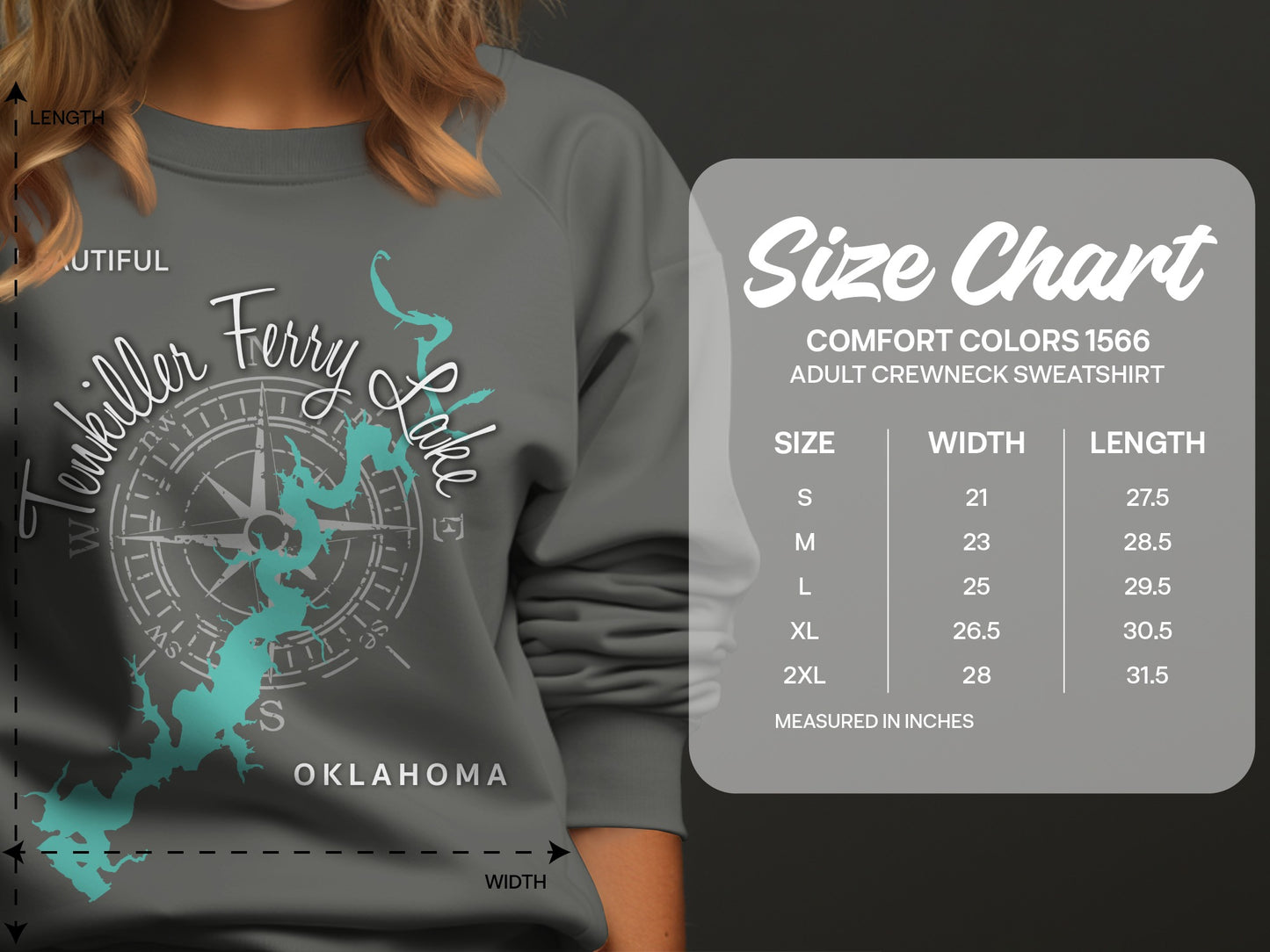 Comfort Colors size chart for adult crewneck sweatshirts, showing measurements.