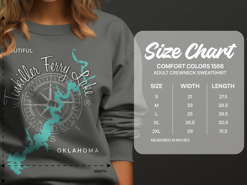 Comfort Colors size chart for adult crewneck sweatshirts, showing measurements.