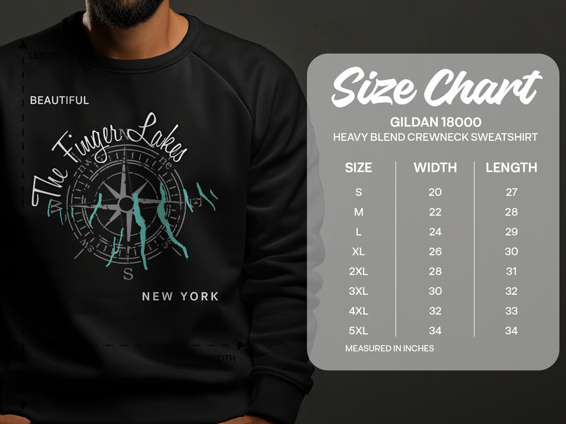 Gildan 18000 sweatshirt size chart with Finger Lakes graphic.