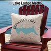 Beige pillow on red Adirondack chair with Rangeley Lake map and compass design.
