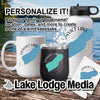 Mug, tumbler, and water bottle with Convict Lake graphic and personalization text.