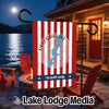 Oologah Lake Oklahoma garden flag with red and white stripes and family name.