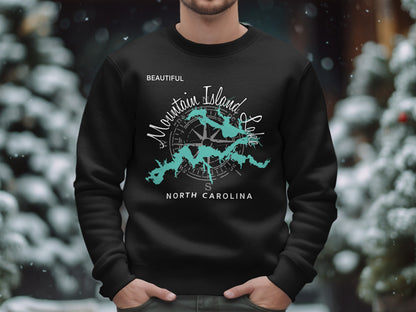 Black sweatshirt with "Mountain Island Lake North Carolina" and compass design.