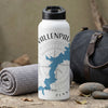 White water bottle with "VALLENPAU" and a blue lake map design.