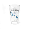 Clear glass pint glass with Lake Dardanelle Arkansas map and compass design.