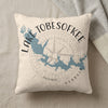 Off-white pillow with blue map of Lake Tobesofkee, Georgia, and compass design.
