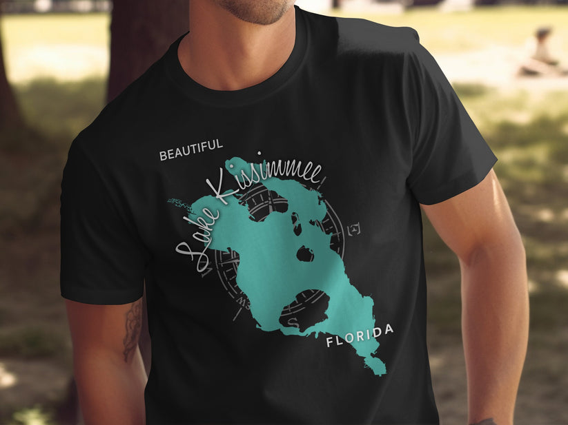 Black t-shirt with teal Lake Kissimmee Florida map design.