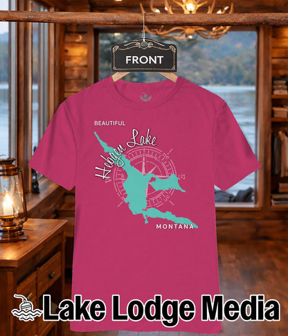 Pink t-shirt with lake graphic and "Lake Lodge Media" logo.