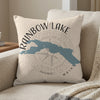 Pillow with map of Rainbow Lake, Maine, and compass rose design.