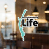 Memphremagog Life sticker featuring a teal lake outline and black text.