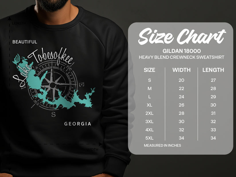Sweatshirt with Lake Tobesofkee, Georgia map and Gildan 18000 size chart.